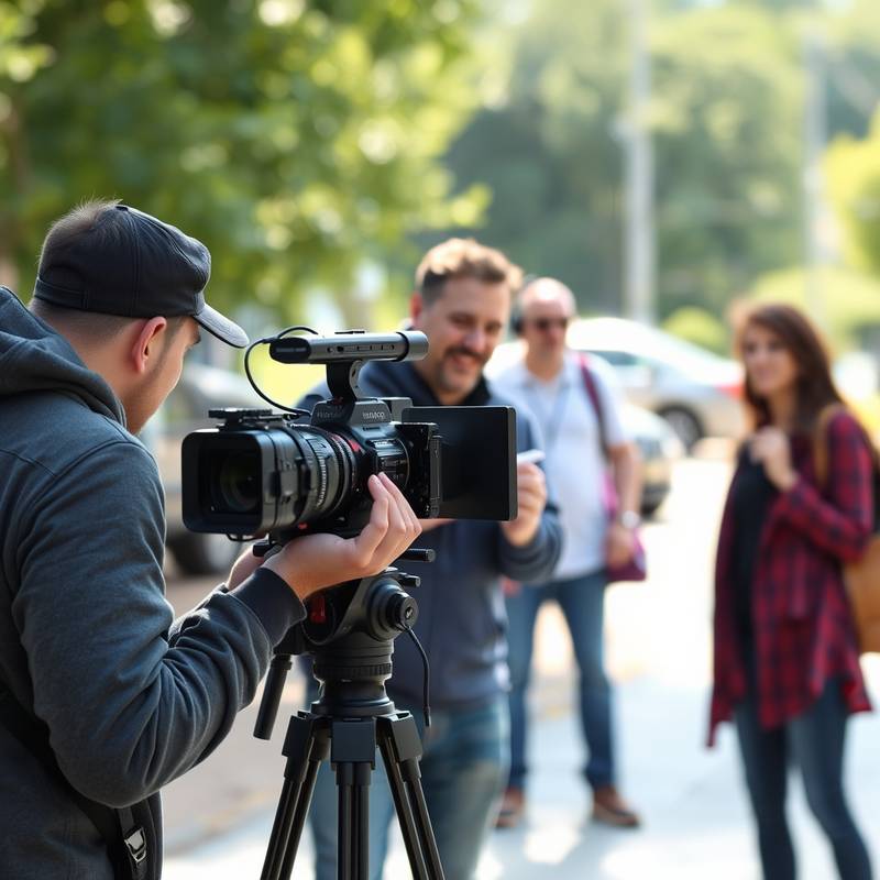 A behind-the-scenes shot of a videography crew filming a commercial outdoors.