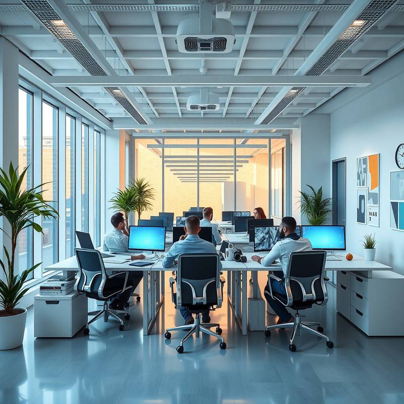 A bright and modern office environment at Aurora Creative Studio, showing team members collaborating on projects at their desks.