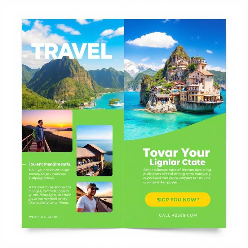 A colorful and eye-catching brochure design for a travel agency, featuring stunning destination photos and clear call-to-actions.