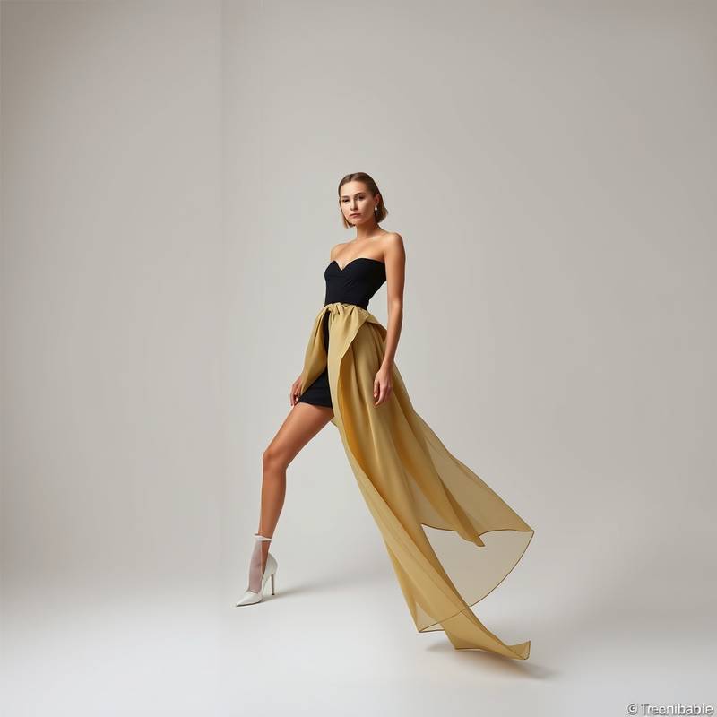 A high-fashion studio photograph of a model wearing a designer dress, demonstrating impeccable lighting and composition.
