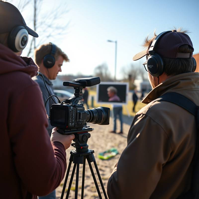 A professional videography crew filming a commercial outdoors, showcasing the behind-the-scenes process of video production.