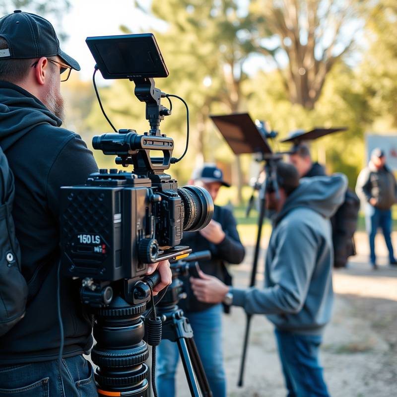 Behind-the-scenes shot of a film crew shooting a commercial outdoors, showcasing equipment and professional setup.