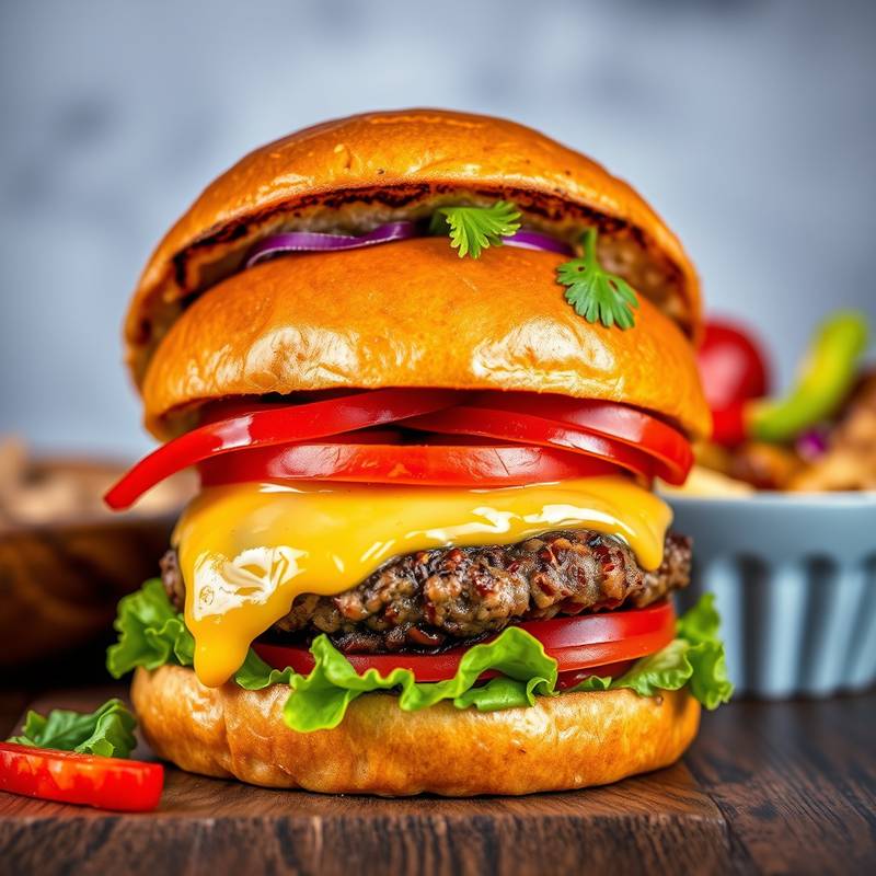 Deliciously styled food photography featuring a gourmet burger with fresh ingredients, highlighting textures and colors.