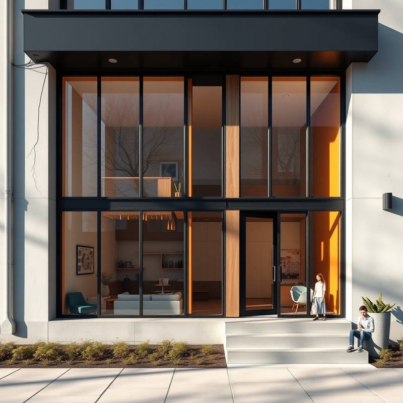 Exterior view of the Aurora Creative Studio building, showcasing a modern design with large windows.