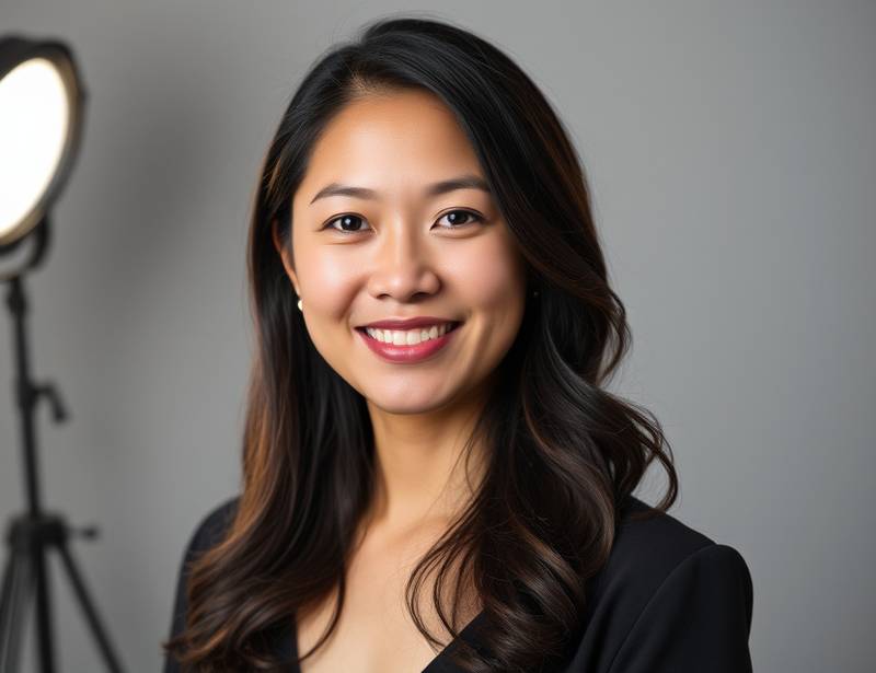 Professional headshot of Sarah Chen, Lead Graphic Designer, with a modern and creative background.